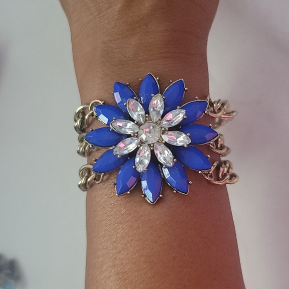 Blue Flower w/Rhinestones on a Gold 3 Band Magnetic Bracelet - Picture 1 of 5